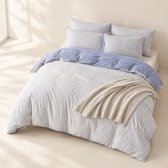 Blue Striped Queen(90"x90") 3-Piece Soft Washed Microfiber Bedding Comforter Set