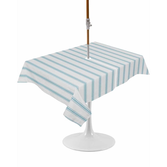 Blue Striped Rectangle Outdoor Tablecloth, Waterproof Table Cloth Cover with Umbrella Hole and Zipper, Blue White Stripes Farmhouse Table Protector for Patio Party Picnic 60"x84"