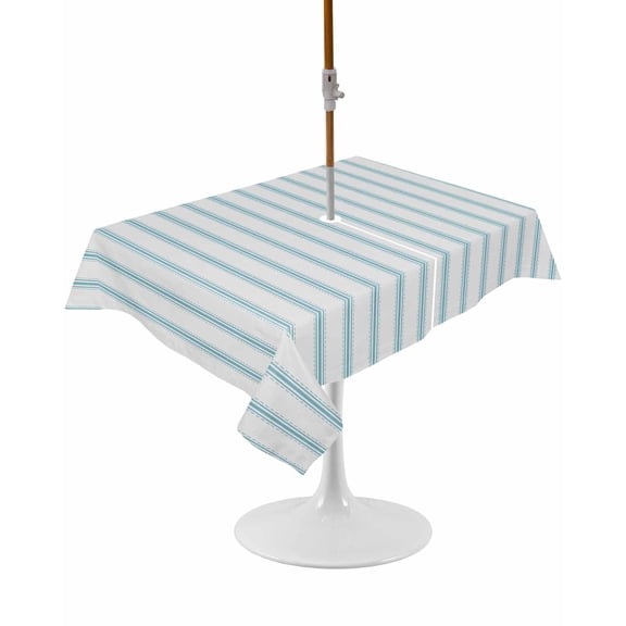Blue Striped Rectangle Outdoor Tablecloth, Waterproof Table Cloth Cover with Umbrella Hole and Zipper, Blue White Stripes Farmhouse Table Protector for Patio Party Picnic 54"x80"