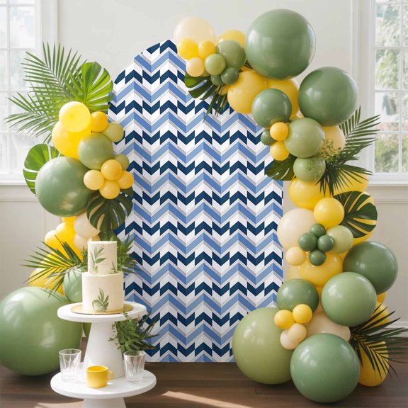 Blue Striped Ripple Zigzag Chevron Arch Backdrop Cover Stretchy Spandex Arch Cover 6ft, Abstract Geometric Style Round Top Chiara Stand Covers for Wedding Birthday Party Ceremony Banquet