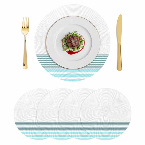 Blue Striped Round 13 Inch Placemats Set of 4, Modern Farmhouse Stripes HeatResistant Non Slip Place Mats for Dining Table, Wipeable Braided Kitchen Table Mats for Housewarming