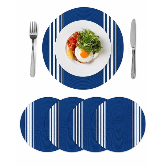 Blue Striped Round 15 Inch Placemats Set of 4, Farmhouse Blue White Stripes HeatResistant Non Slip Place Mats for Dining Table, Wipeable Braided Kitchen Table Mats for Housewarming