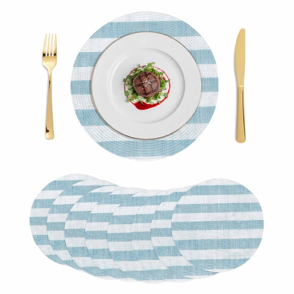 Blue Striped Round 15 Inch Placemats Set of 8, Rustic Farmhouse Stripes HeatResistant Non Slip Place Mats for Dining Table, Wipeable Braided Kitchen Table Mats for Housewarming