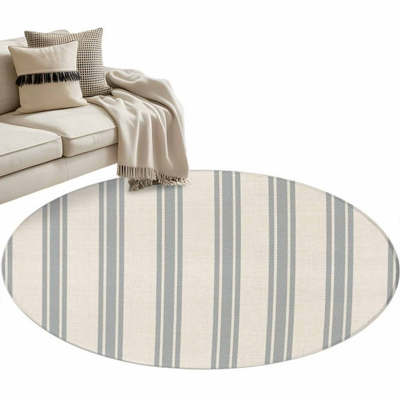 Blue Striped Round Area Rug 3 FT, Small Kitchen Bathroom Mat, Modern Farmhouse Stripes Rustic Washable Indoor Outdoor Throw Runner Carpet Non-Shedding Doormat for Table Shower Sofa Entryway