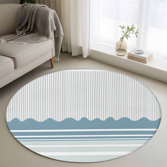 Blue Striped Round Area Rug 4Ft Washable Circle Rugs for Bedroom Dining Room, Abstract Modern Geometric Stripes Non-Slip Carpet Floor Mats Indoor Outdoor Carpet Runner Aesthetic Home Decor