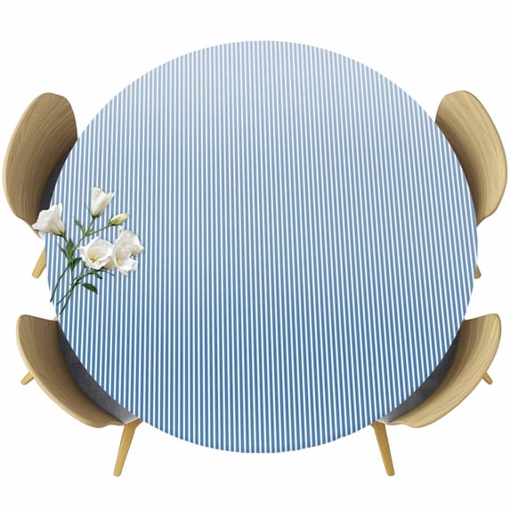 Blue Striped Round Tablecloth, Fitted Table Cover with Elastic for 55"-60" Round Tables, Modern Minimalist Ombre Vertical Stripes Table Cloth Outdoor Indoor Dinning Party Waterproof Tablecloths