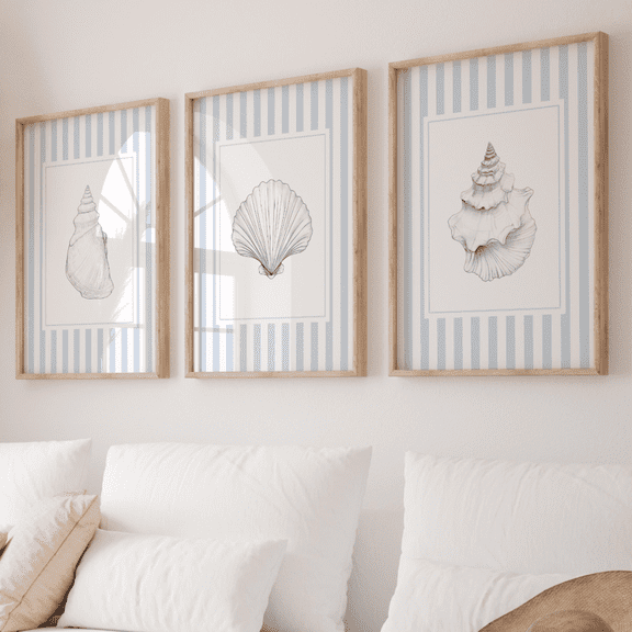 Blue Striped Seashell Coastal Poster Set Set 3 , Poster Only