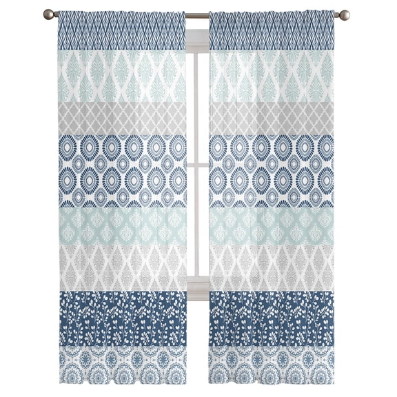 Blue Striped Semi Sheer Curtains 108 Inch Length 2 Panels Set, Boho Modern Geometric Abstract Art Ethnic Sheer Kitchen Curtain Privacy Voile Window Curtain for Living Room Bedroom Rod Pocket Drapes