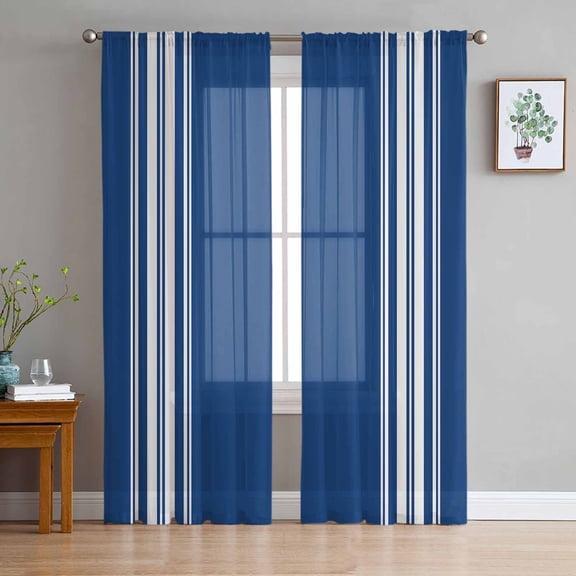Blue Striped Semi Sheer Curtains 72 Inch Length 2 Panels Set, Farmhouse Blue White Stripes Sheer Kitchen Curtain Privacy Voile Window Curtain for Living Room Bedroom Rod Pocket Drapes