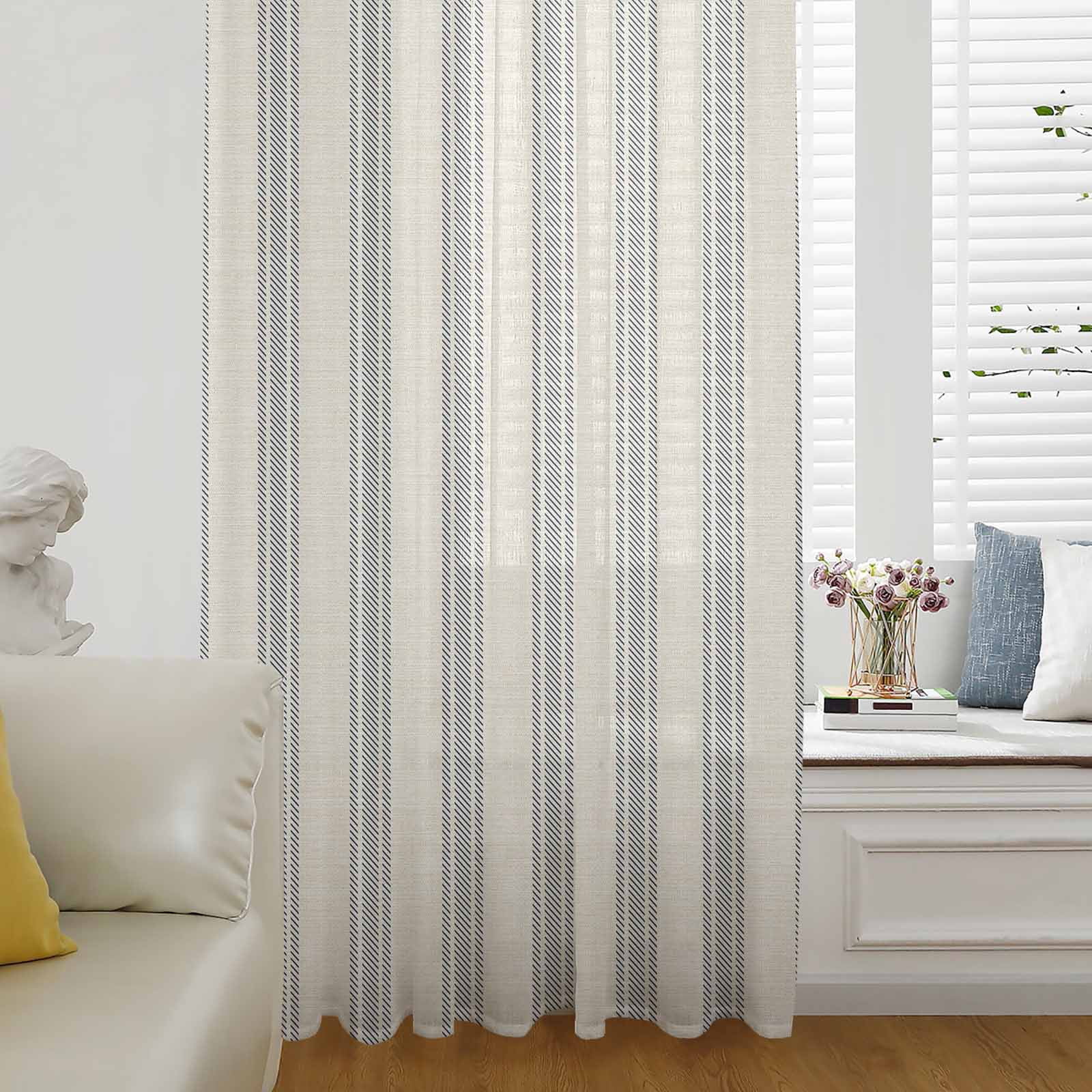 Blue Striped Semi Sheer Curtains Drapes for Living Room, Bedroom