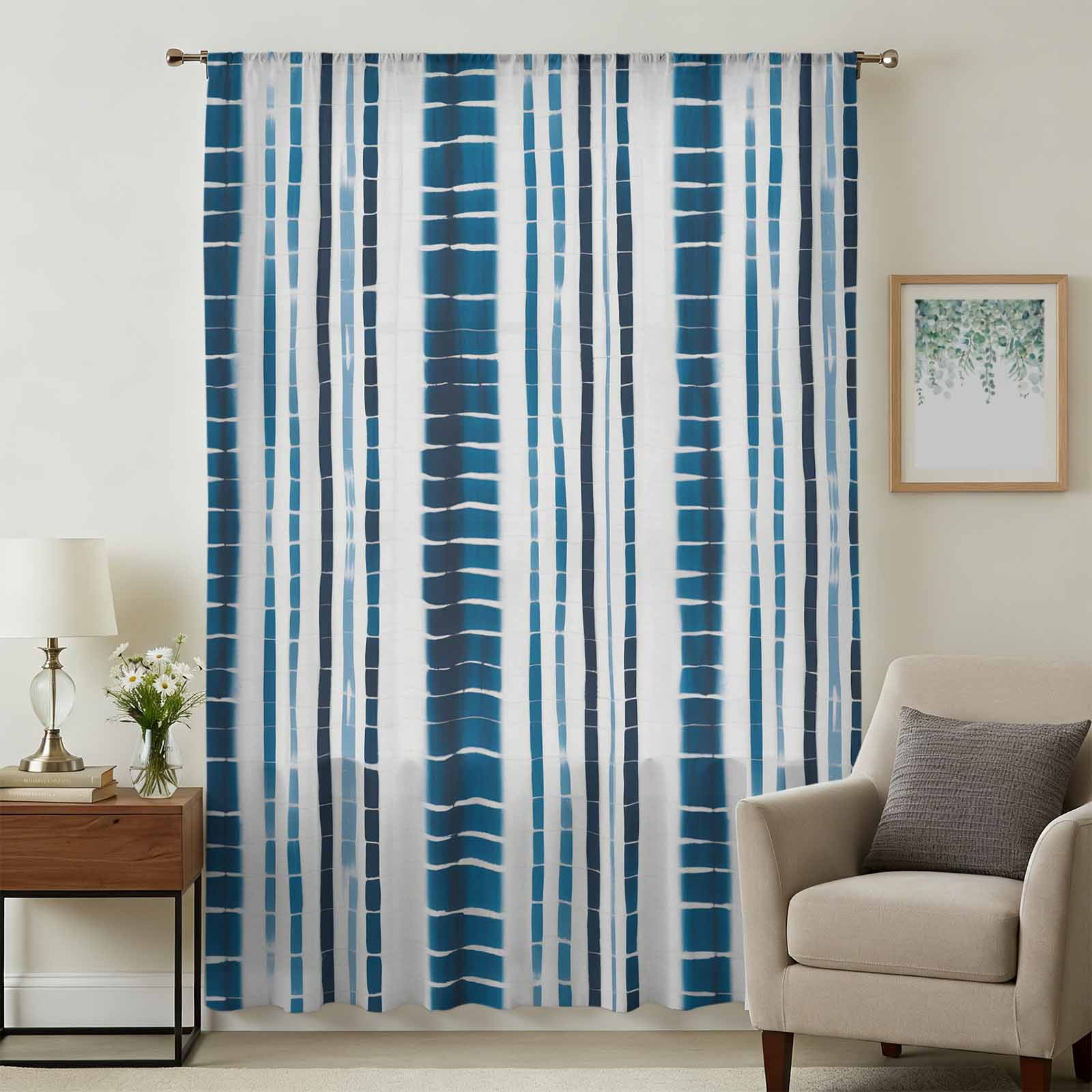 Blue Striped Sheer Curtains 108 Inches Extra Long, Geometric Farmhouse ...