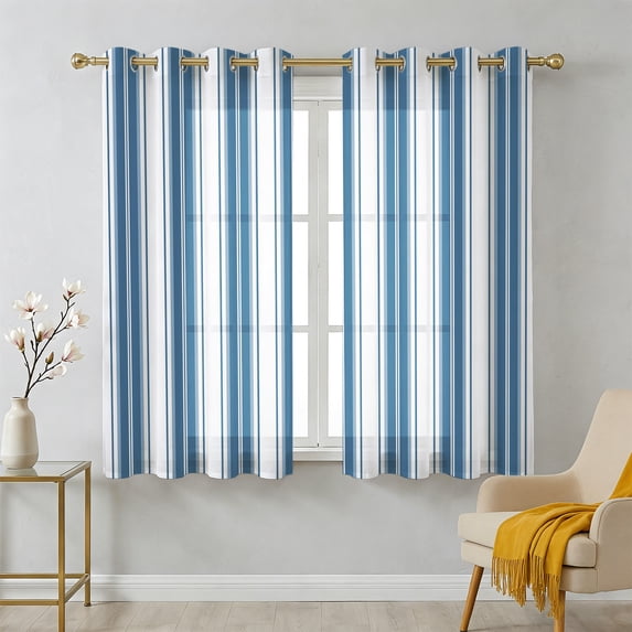 Blue Striped Sheer Curtains 54 Inch Long 2 Panels, Vertical Stripe ...