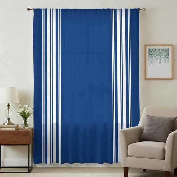 Blue Striped Sheer Curtains 54 Inches Long, Farmhouse Blue White Stripes Light Filering Curtains, Breathable Simi Curtain Privacy Drapes for Kitchen Bathroom Nursery Small Window Treatment
