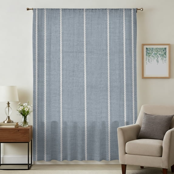 Blue Striped Sheer Curtains 72 Inches Long, Farmhouse Linen Texture Line Stripes Light Filering Curtains, Breathable Simi Curtain Privacy Drapes for Living Room Bedroom Lightweight Window Treatment