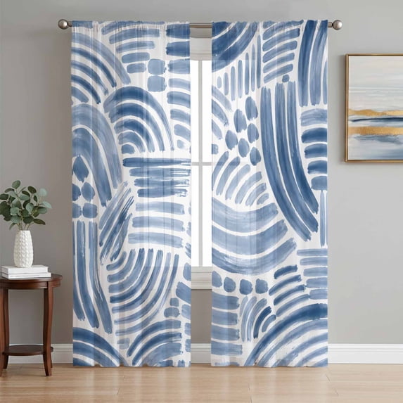 Blue Striped Sheer Curtains 84 Inch Length 2 Panels Set, Coastal Modern Abstract Stripes Aesthetic Voile Window Treatment Rod Pocket Curtains Sheers Drapes for Bedroom/Living Room/Kitchen 52"x84"x2