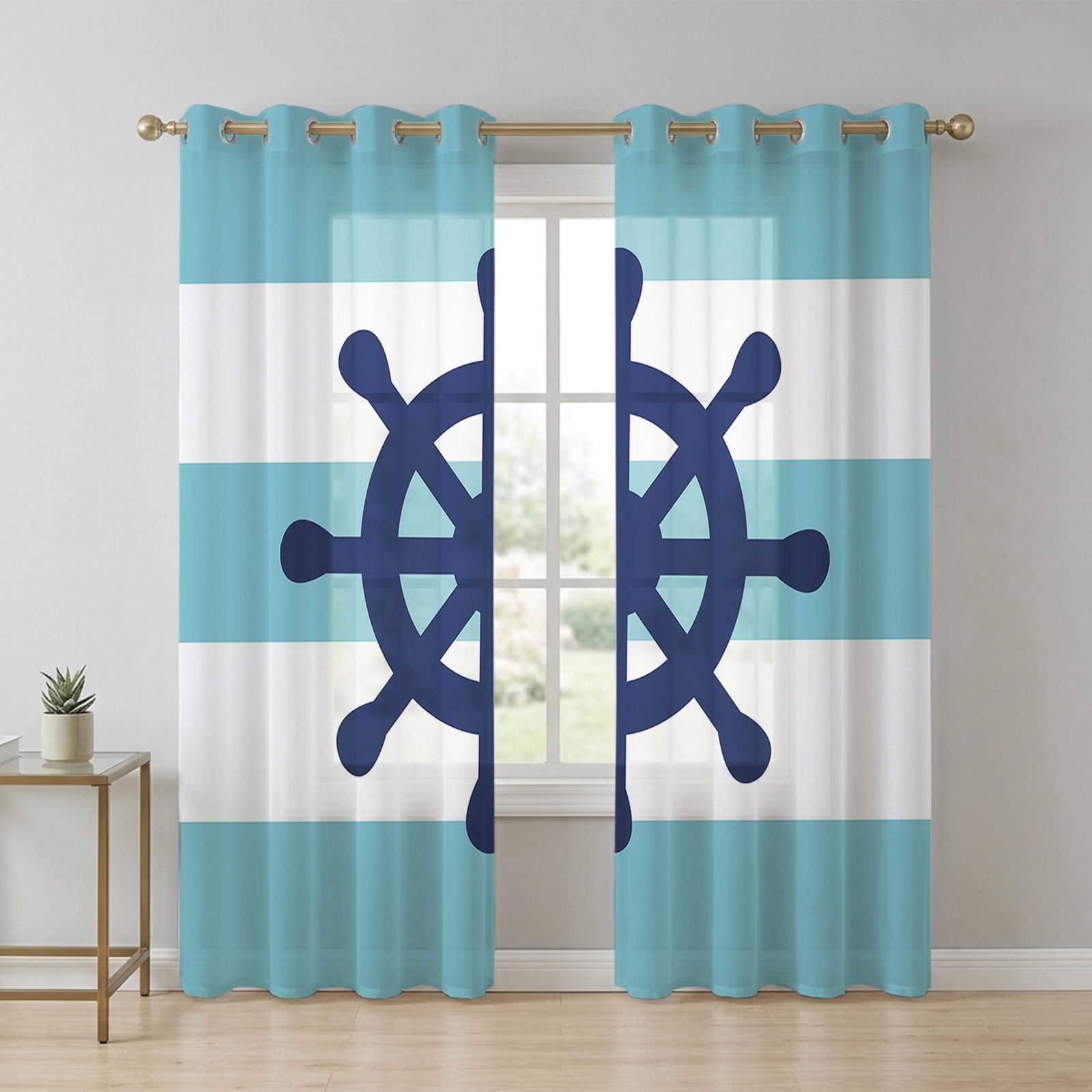 Blue Striped Sheer Curtains 84 Inch Long 2 Panels, Nautical Rudder ...