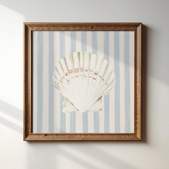 Blue Striped Shell Print, Trendy Decor, Nautical Living Room, Cottage, Nursery, Art Print Wall Art, Modern Wall Decor, 16x16 UNFRAMED