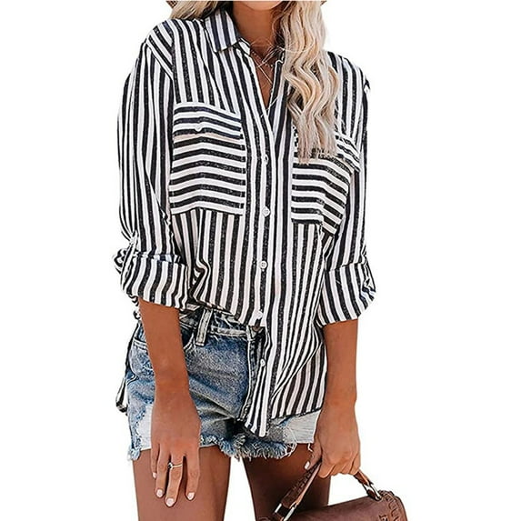 Blue Striped Shirt Women Loose Flowy Button Down Blouse Shirt Long Sleeve V Neck Tee Shirts with Pockets Black S