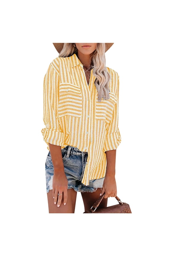 Blue Striped Shirt Women Loose Flowy Button Down Blouse Shirt Long Sleeve V Neck Tee Shirts with Pockets Yellow M