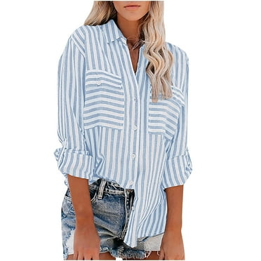 Blue Striped Shirt Women Loose Flowy Button Down Blouse Shirt Long Sleeve V Neck Tee Shirts with Pockets