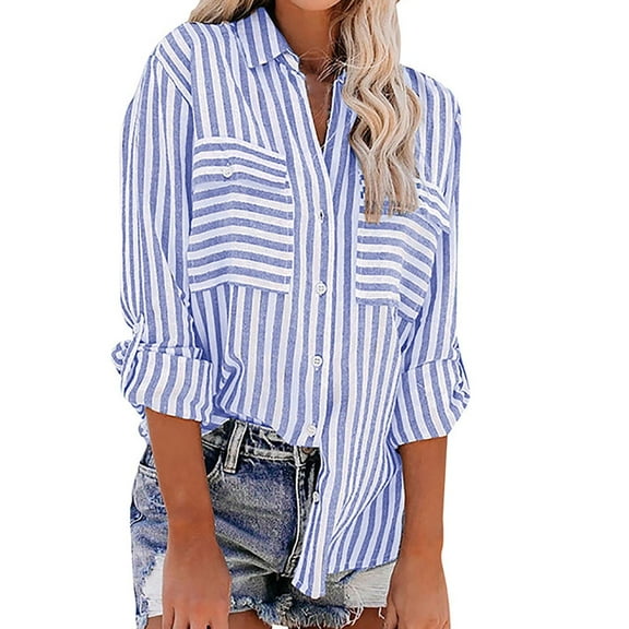 Blue Striped Shirt Women Loose Flowy Button Down Blouse Shirt Long Sleeve V Neck Tee Shirts with Pockets