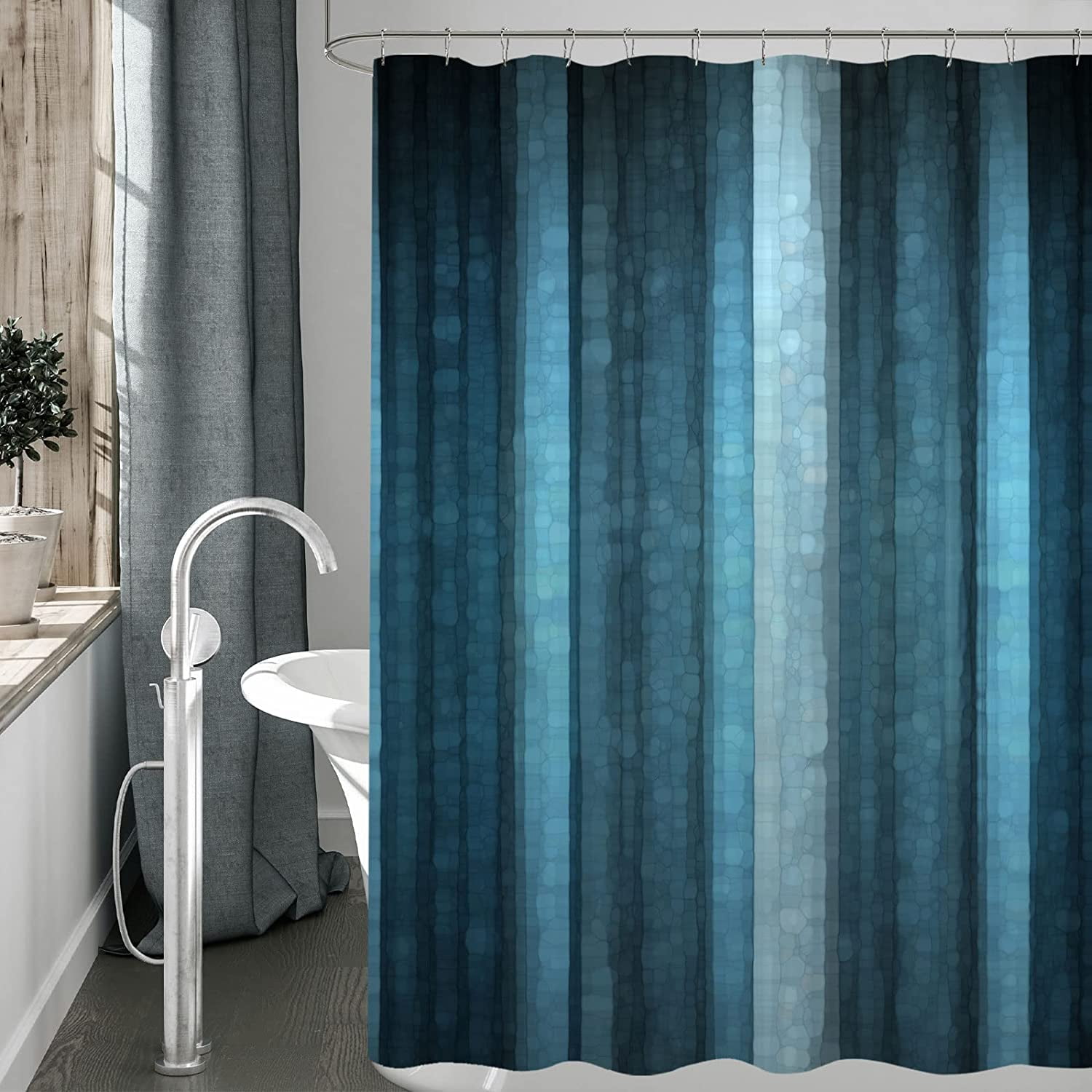 Blue Striped Shower Curtain, Modern Elegant Neon Blue Shower Curtain Set with Hooks, Abstract Mosaic Glass Texture Dark Stripe Art Decorative Waterproof Fabric Bathroom Decor, 72" W x 72" L