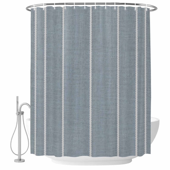 Blue Striped Shower Curtain Set - Standard 72" x 72" Washable Bathtub Curtain with 12 Hooks, Farmhouse Linen Texture Line Stripes Waterproof Fabric Stall Shower Curtains for Bathroom/Bathtub Décor