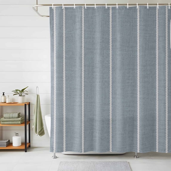 Blue Striped Shower Curtains for Bathroom, Farmhouse Linen Texture Line Stripes Waterproof Fabric Shower Curtain, Decorative Bathroom Curtain for Bathtub, 36"x72", No Hooks Included