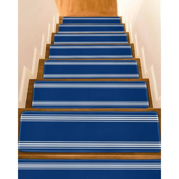 Blue Striped Stair Treads for Wooden Steps Indoor Runner Rug Carpet, Farmhouse Blue White Stripes 4 Pieces Peel and Stick Staircase Step Treads Covers Washable Throw Door Mats, 30"x8"