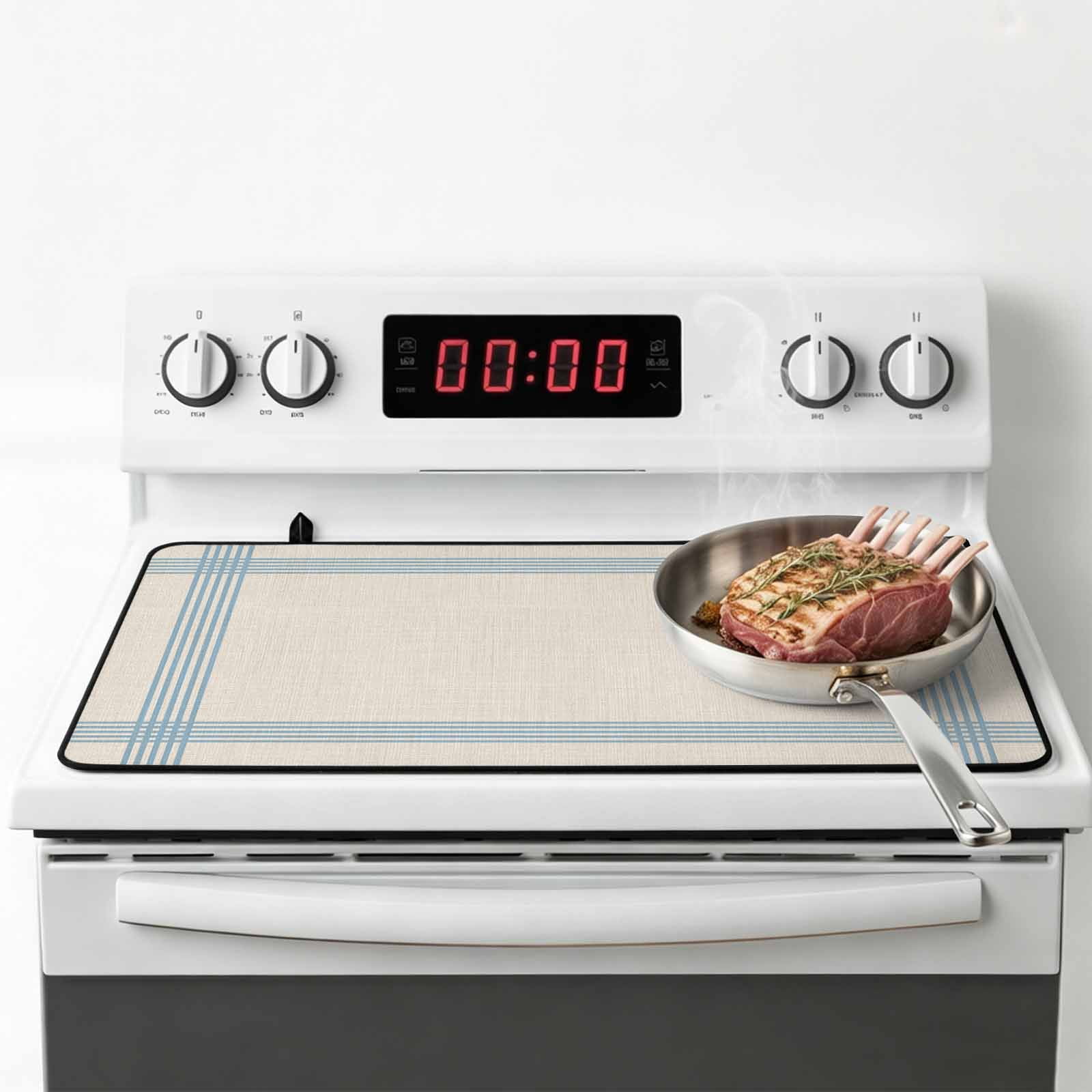 Blue Striped Stove Top Cover for Electric Stove, Heat-proof & Non Slip Glass Top Stove Cover Protector, Farmhouse Beige Geometric Minimalist Kitchen Flat Cooktop Rubber Mat 24x21 Inches