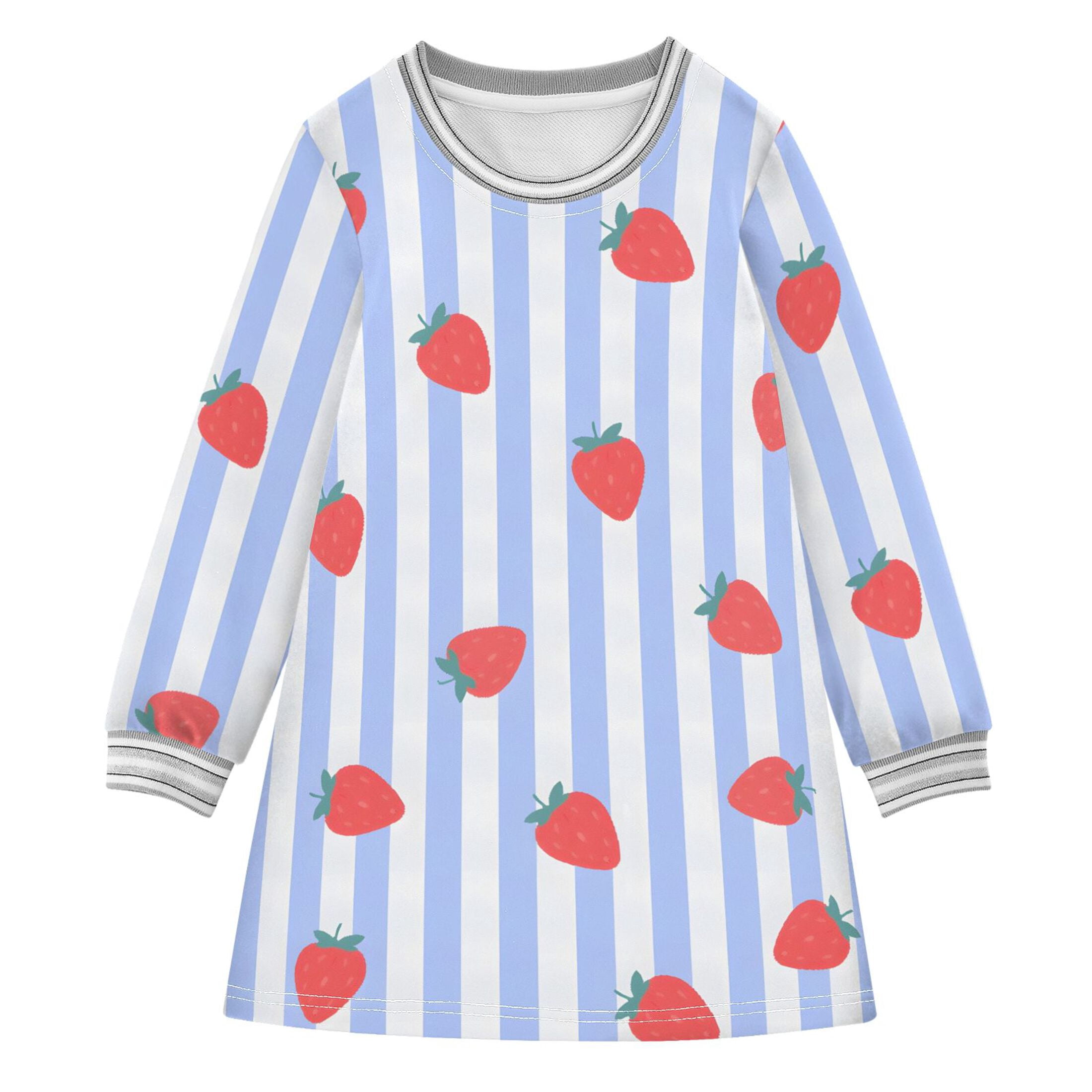 Blue Striped Strawberry Pattern Girls'long-sleeved dress Thickened A ...