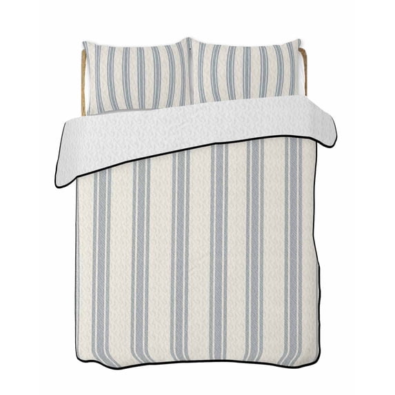 Blue Striped Summer Quilt Set Full Size, Soft Microfiber Quilted Bedding Set with 2 Pillow Shams, Modern Stripes Farmhouse Lightweight All Season Bedspread Coverlet for Bedroom 78"x90"