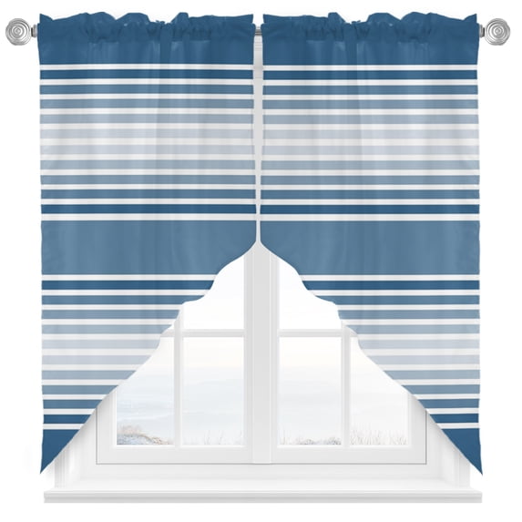 Blue Striped Swag Curtains Valance For Kitchen Windows, Blue Ombre Farmhouse Stripes Wide Rod Pocket Curtain Drapes, Bedroom Bathroom Cafe Living Room Light Filtering Drapery Panels, 72"W x 45"H