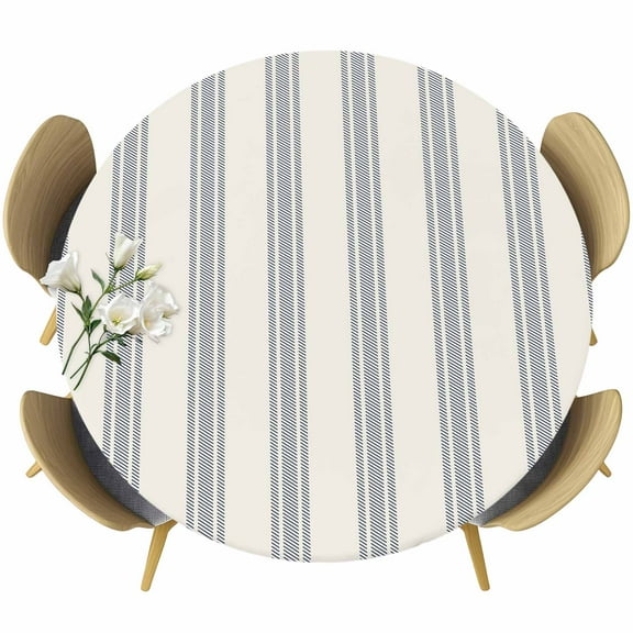 Blue Striped Table Cloth, Round Fitted Tablecloths with Elastic Edge, Modern Stripes Farmhouse Wipeable Waterproof Table Cover for Kitchen Wedding 55-60 Inches