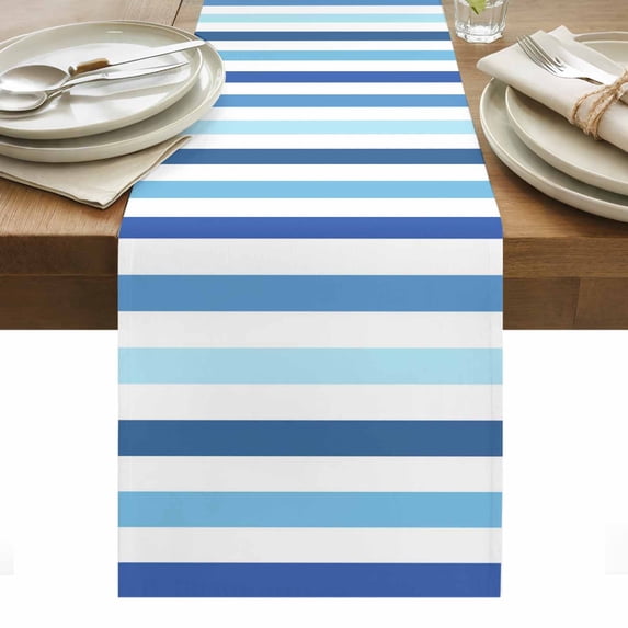Blue Striped Table Runner - 60 Inch Long, Kitchen Dining Table Runner Dresser Scarves, Navy Ombre Sky White Geometric Ocean Farmhouse Decor for Coffee Tables Wedding Party Banquet