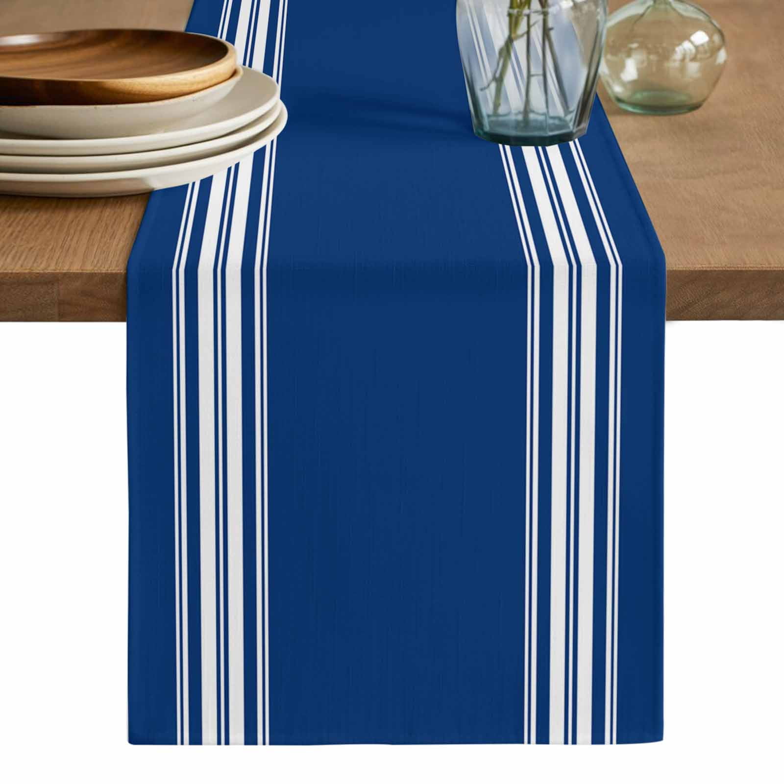 Blue Striped Table Runner, Farmhouse Blue White Stripes Washable Cotton Linen Table Runners 108 Inches Long, Dresser Scarf Runner for Dining/Living Room/Kitchen/Square Tables 13''x108''