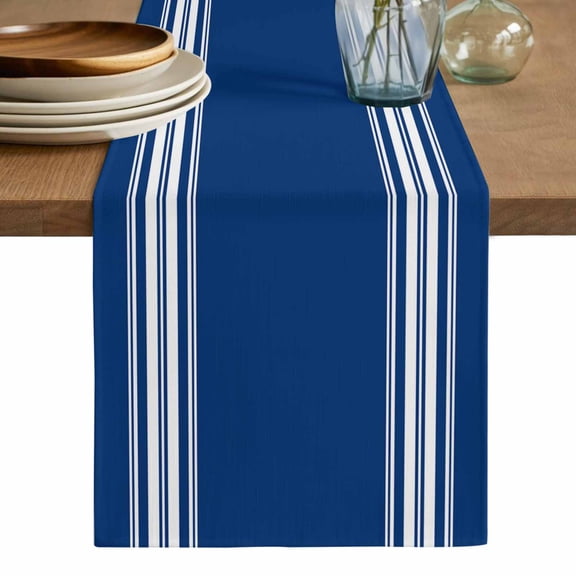 Blue Striped Table Runner, Farmhouse Blue White Stripes Washable Cotton Linen Table Runners 36 Inches Long, Dresser Scarf Runner for Nightstand/End Tables/Round Tables 13''x36''