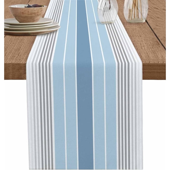 Blue Striped Table Runner, Washable Cotton Linen Table Runners 36 Inches Long, Modern Minimalist Gradient Lines Aesthetic Dresser Scarf Runner for Nightstand/End Tables/Round Tables 13''''x36''''