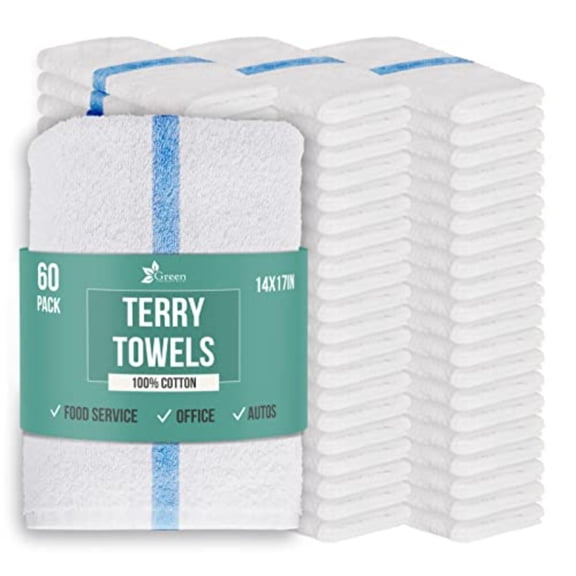 Blue Striped Terry Towels White Rags Bar Towels 100 Cotton Absorbent and Durable Multipurpose Cleaning Rags Cotton Cleaning Rags Kitchen Rags 14x17 Pack of 60