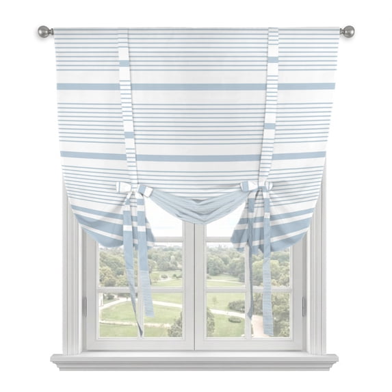 Blue Striped Tie Up Curtains for Windows, Adjustable Balloon Window Shades, Farmhouse Pastel Stripes Minimalist Kitchen Window Treatments Farmhouse Short Curtains with Rod Pocket 42"x45"