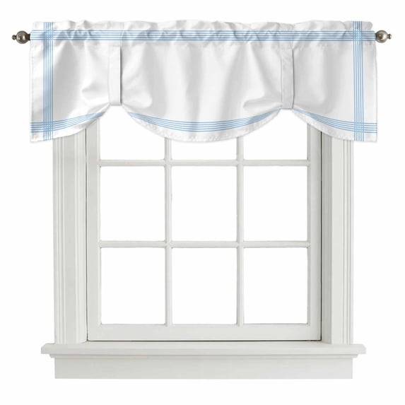 Blue Striped Tie Up Valance Curtains for Windows, Kitchen Curtains Window Treatments, Geometric Minimalist Watercolor White Short Window Shades Valances for Bedroom Bathroom Cafe 54"x18"