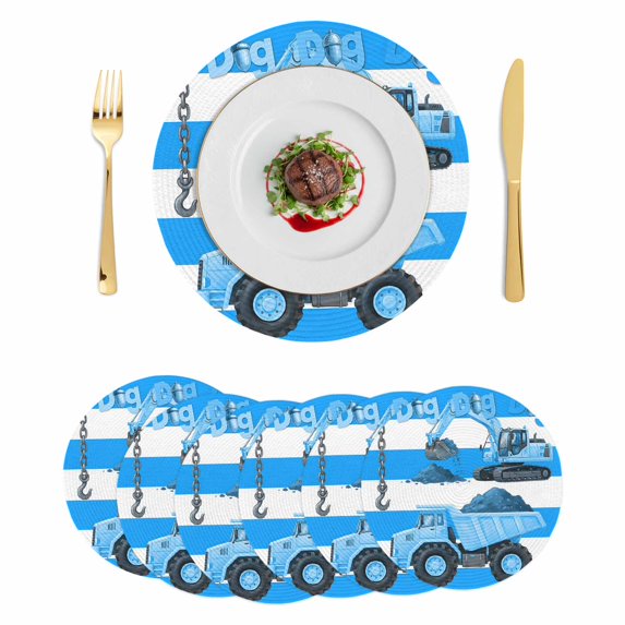 Blue Striped Truck Round 13 Inch Placemats Set of 6, Farmhouse Stripes Modern Art HeatResistant Non Slip Place Mats for Dining Table, Wipeable Braided Kitchen Table Mats for Housewarming