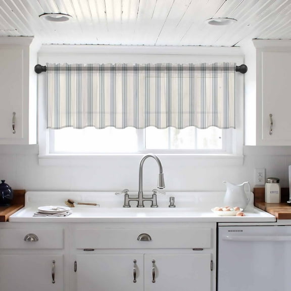 Blue Striped Valance Curtains for Kitchen/Living Room/Bathroom/Bedroom Window, Modern Stripes Farmhouse Rod Pocket Small Topper Half Short Window Curtains Voile Sheer Scarf 60"x18"