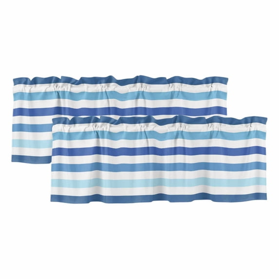 Blue Striped Valances for Windows, Decorative Rod Pocket Window Valance Curtains, Navy Ombre Sky White Geometric Ocean Short Curtain Drapes for Kitchen/Bathroom/Living Room, 2 Panels, 54" W x 18" L
