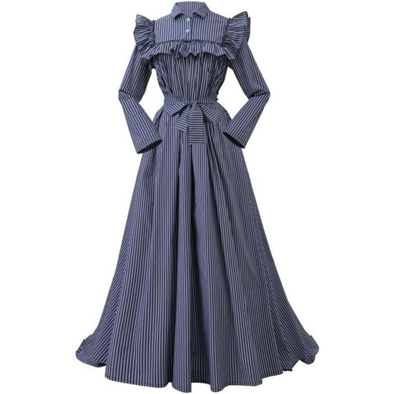 Blue Striped Vintage Dress - Regency Era Ruffled Gown