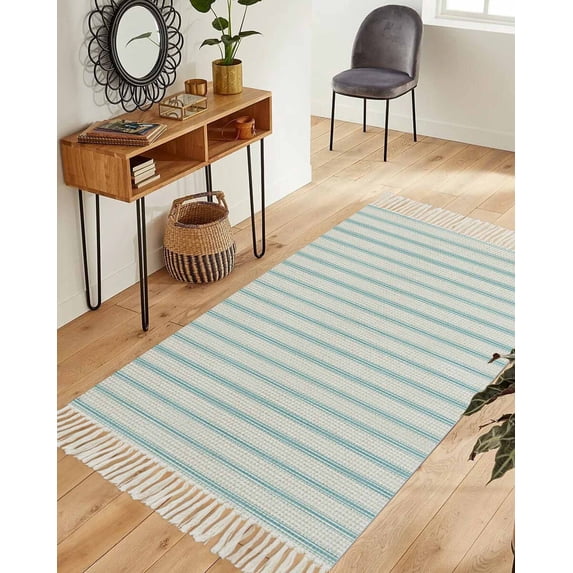 Blue Striped Washable Area Rug 3'x5', Blue White Stripes Farmhouse Woven Cotton Tassels Kitchen Rugs, Non Slip Indoor Door Mat Throw Carpet for Entryway Living Room Nursery Laundry Room