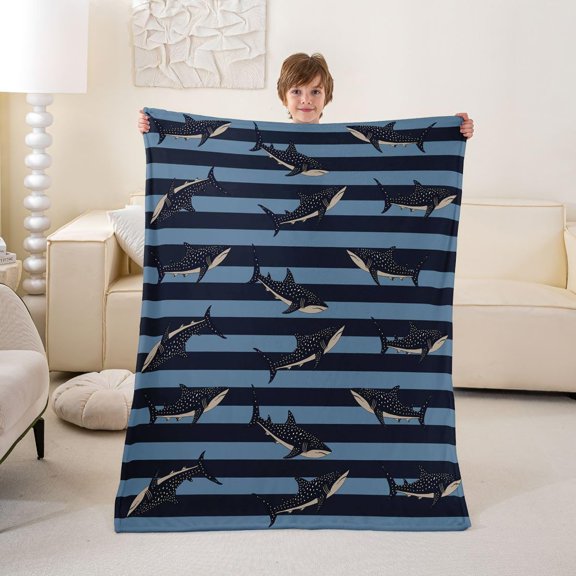 Blue Striped Whale Shark Pattern Throw Blanket Soft Plush Fleece for Kids Room Decor