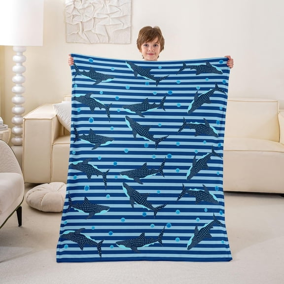 Blue Striped Whale Shark Pattern Throw Blanket Soft Plush Fleece for Kids Room Decor