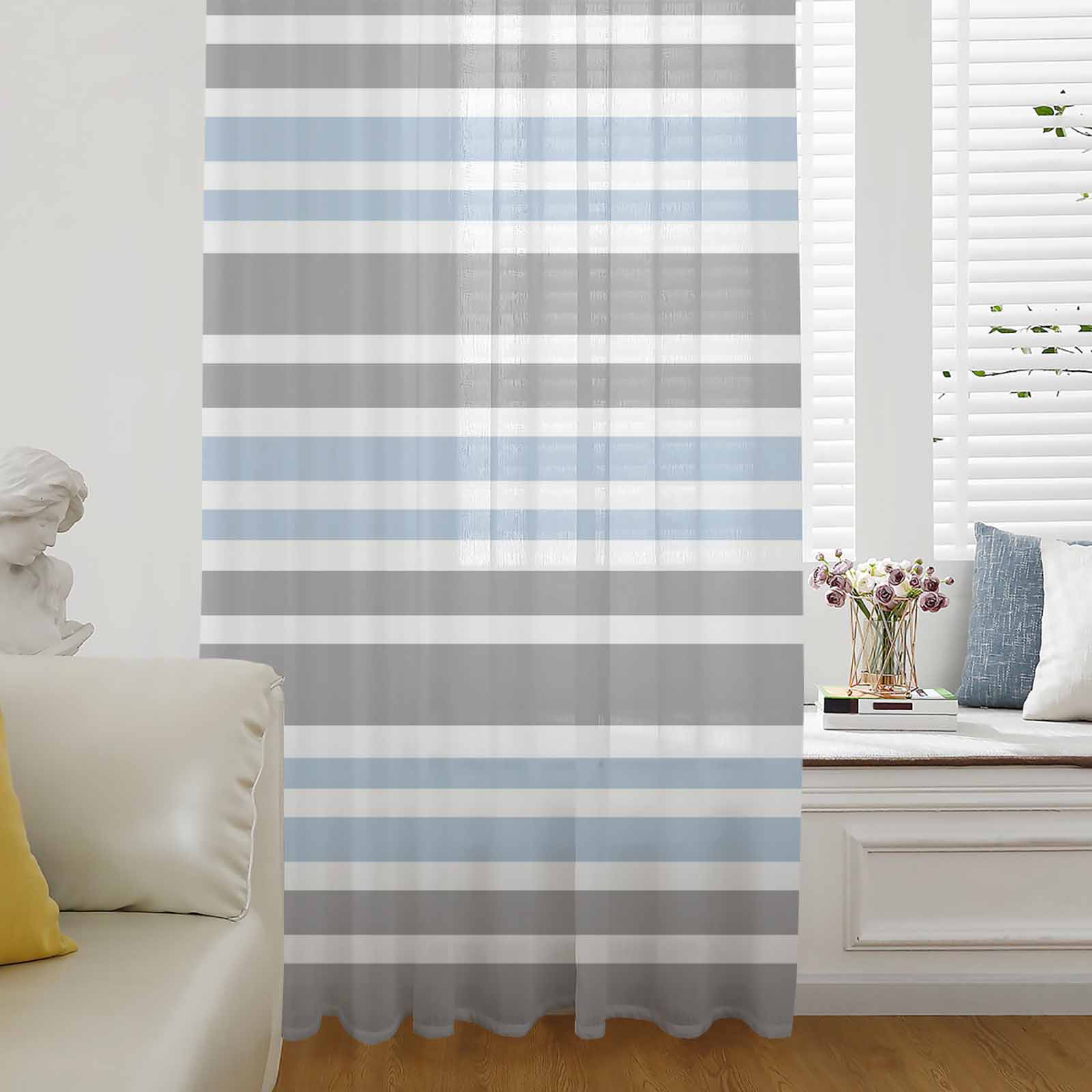 Blue Striped Window Curtain 96 Inches Long,Geometric Grey White ...