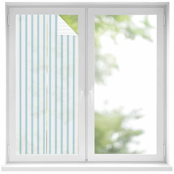 Blue Striped Window Privacy Film, Blue White Stripes Farmhouse Static Cling UV Sun Blocking Heat Control Window Tint Day and Night, Non-Adhesive Reusable One Way Windows Privacy Cover 17.7''x39.3''